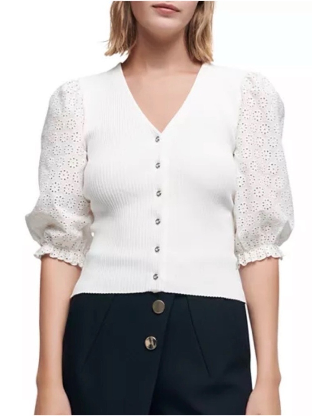 Maje Eyelet Puff Sleeve Ribbed Knit Top White Size 1 XS/S Dainty Feminine $225